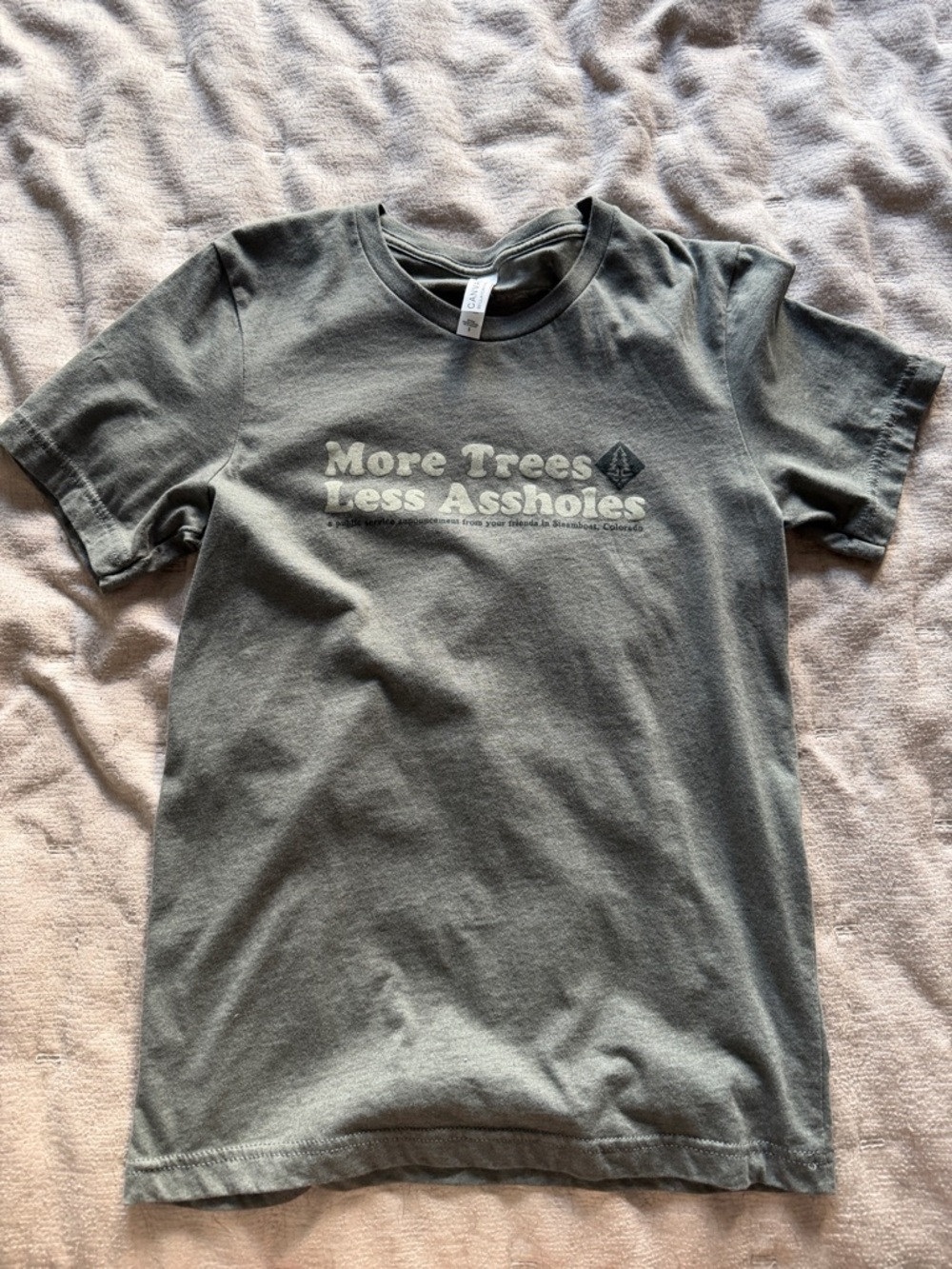 Green T Shirt XS “More Trees Less Assholes”